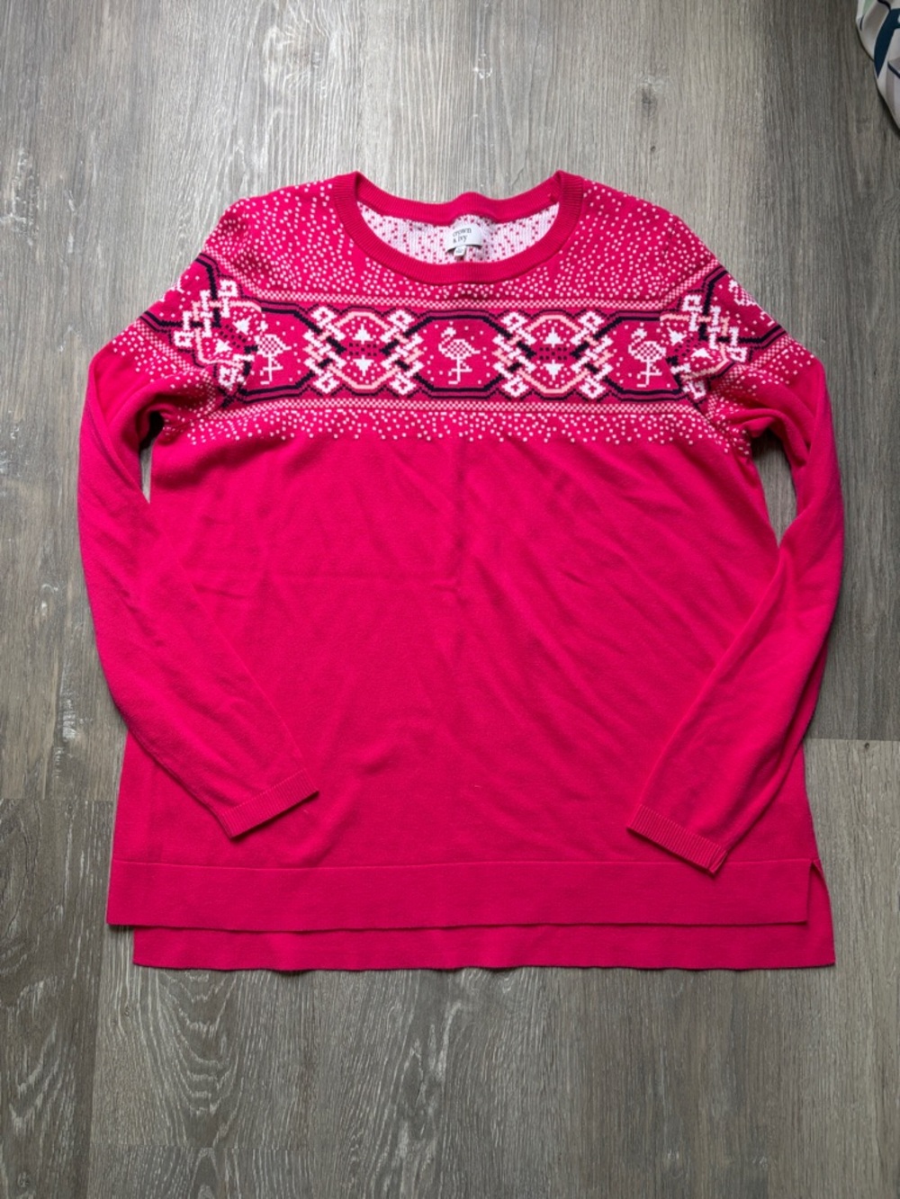 crown & ivy Bright Pink Flamingo Fair Isle Crewneck Sweater, XL